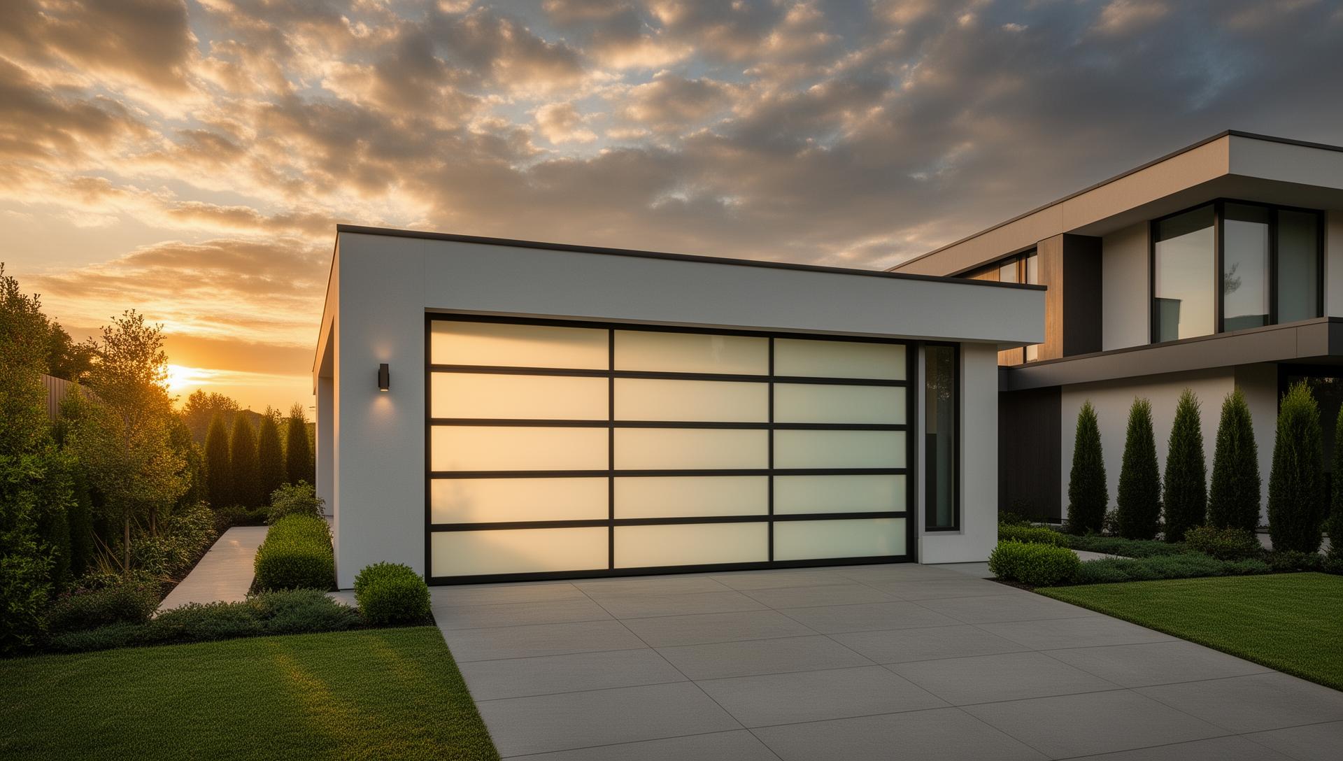 Modern home with sleek steel garage doors with frosted glass panels